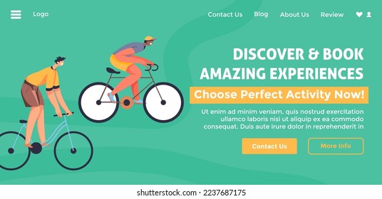 Choose perfect activity now, discover and book amazing experiences online. Riding bicycle and Website landing page, internet web template. Vector in flat style