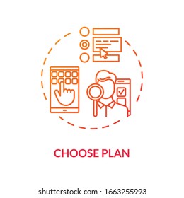 Choose plan red concept icon. Select subscription option. Internet tariff management. Look at service list. Roaming idea thin line illustration. Vector isolated outline RGB color drawing