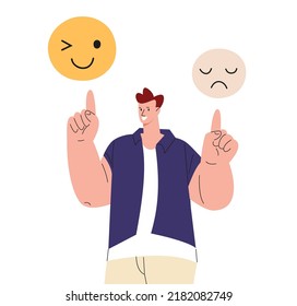 Choose positive emotions every day. Happy man point on emoticons, sad and funny faces. Choose happiness and joy, vector adult male character