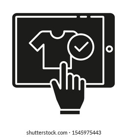 Choose product online glyph icon. Buying clothes in internet store. E commerce client purchasing goods. Consumerism and merchandise. Silhouette symbol. Negative space. Vector isolated illustration