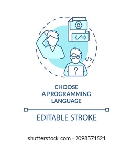 Choose a programming language turquoise concept icon. Software coding abstract idea thin line illustration. Isolated outline drawing. Editable stroke. Roboto-Medium, Myriad Pro-Bold fonts used