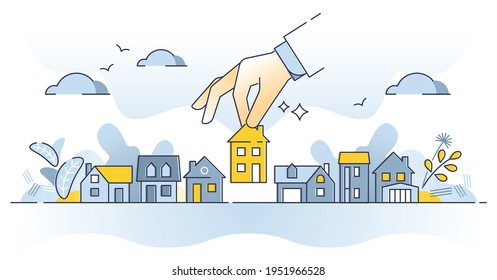 Choose property as find, purchase and pick real estate home outline concept. House sale or chosen building selection in market vector illustration. New family investment decision or options comparison