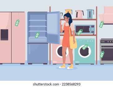 Choose refrigerator flat color vector illustration. Woman buy house appliance. Household equipment store. Fully editable 2D simple cartoon characters with showroom on background. Bebas Neue font used