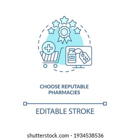 Choose reputable pharmacies concept icon. Buying drugs. Getting medicines from home idea thin line illustration. Buying medicine online tips. Vector isolated outline RGB color drawing. Editable stroke