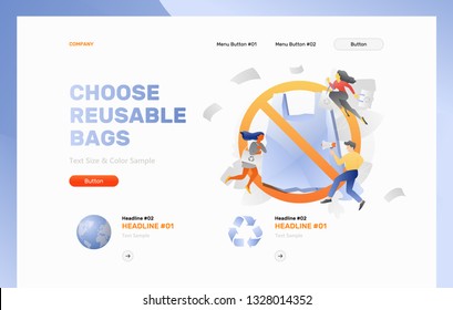 Choose reusable bags web page template. Modern vector styled image with plastic bag in red stop circle surrounded by tiny activists with reusable bag and megaphone.   