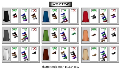 Choose the right combination of shoes for long Maxi skirts, fashion mistakes, wrong and right, as well as ideal, classic, to choose the right option, infographics. Vector isolated illustrations
