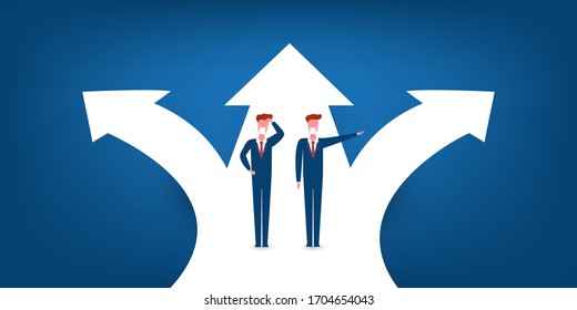 Choose the Right Direction to Go Forward - Alternative Ways, Business Decision Design Concept with Businessmen at Road Intersection - EPS10 Vector Illustration
