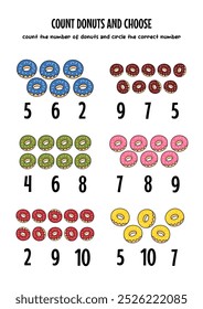 choose the right number from the given donuts, worksheet for kids