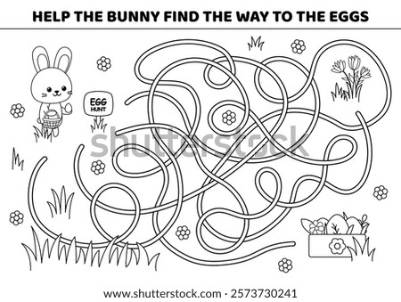 Choose right path to the eggs. Rabbit in black and white maze. Isolated vector illustration eps 10