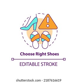 Choose right shoes concept icon. Surviving air accident abstract idea thin line illustration. Comfortable option. Isolated outline drawing. Editable stroke. Arial, Myriad Pro-Bold fonts used