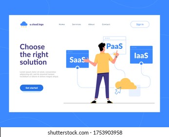 Choose the right solution landing page first screen. Man choosing between SaaS, PaaS, IaaS cloud services for business. Optimization of business process for startups, small companies and enterprises.