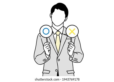 Choose the right or wrong businessman holding the tag in hands hand draw style pictogram vector flatline design illustration.