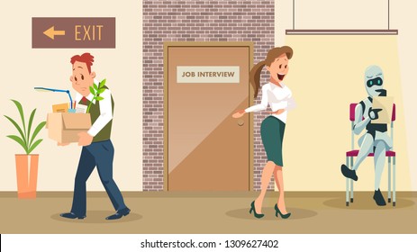 Choose Robot For New Work. Upset Dismissed Man. Job Interview At Office Door. Artificial Intelligence Sit Hold Resume. Manager Ask Bot. Fired Human With Stuff Box. Flat Cartoon Vector Illustration