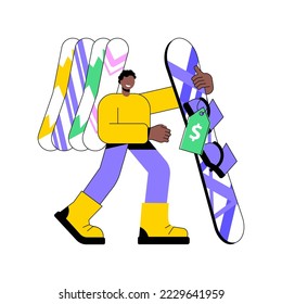 Choose snowboard isolated cartoon vector illustrations. Man choosing a right-size snowboard in store, rental business, outdoor equipment for riding, recreation industry vector cartoon.