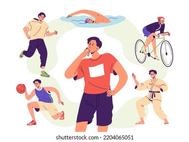 Choose sport, physical activity for health concept. Man thinks, makes choice from different workout options, jogging, swimming, cycling. Flat graphic vector illustrations isolated on white background