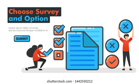 Choose Survey and Option line vector illustration. Make choices on surveys and examinations by checking or crossing documents. Check and make choices yes or no. for Landing pages Website Mobile App UI