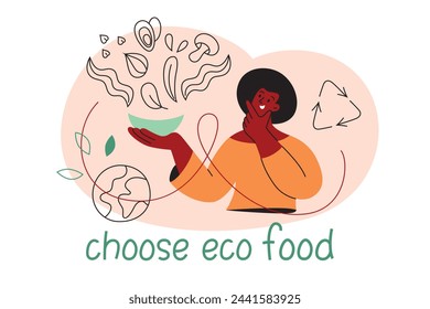 Choose sustainable food poster, vector illustration of woman eating eco friendly products, mussels, mushroom and buckwheat icons, go green composition, sustainability lifestyle, ecology concept