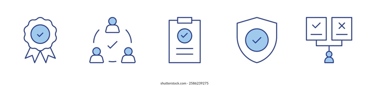 choose, team, checkmark, shield, badge. Checkmark Icon vector illustration. Line Duotone style. Editable stroke.
