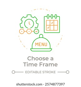 Choose time frame duo tone concept icon. Step of menu engineering. Restaurant industry management. Round two color outline illustration. Abstract vector design. Easy to use in promotional material