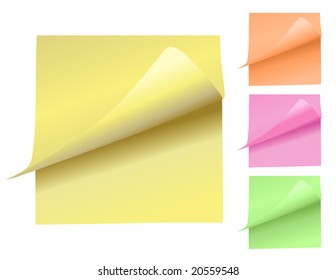 Choose from a variety of colors of sticky note pads in yellow, orange, pink and green. The note pad is curling upwards revealing the second sheet.
