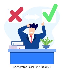 Choose a vector illustration. Concept selection process by office workers. Symbolic scenes with yes or no answers and decision making. Positive or negative persuasion and convincing visualization.