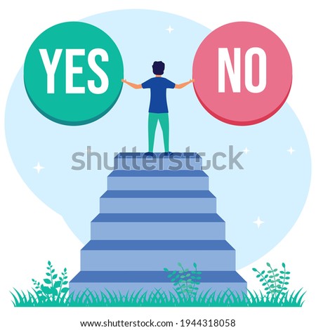Choose a vector illustration. Concept selection process by office workers. Symbolic scenes with yes or no answers and decision making. Positive or negative persuasion and convincing visualization.
