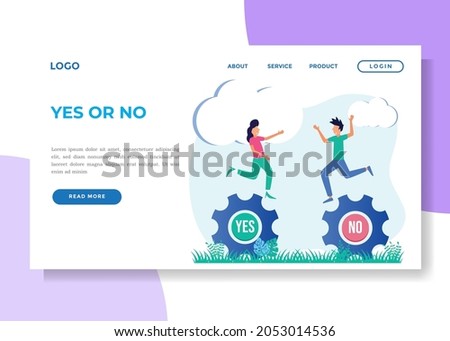 Choose a vector illustration. Concept selection process by office workers. Symbolic scenes with yes or no answers and decision making. Positive or negative persuasion and convincing visualization.