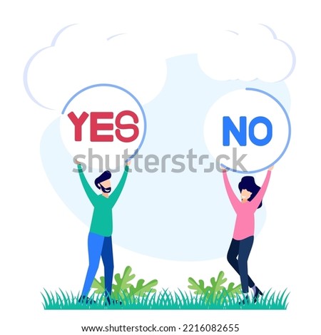 Choose a vector illustration. Concept selection process by office workers. Symbolic scenes with yes or no answers and decision making. Positive or negative persuasion and convincing visualization.