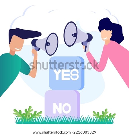 Choose a vector illustration. Concept selection process by office workers. Symbolic scenes with yes or no answers and decision making. Positive or negative persuasion and convincing visualization.
