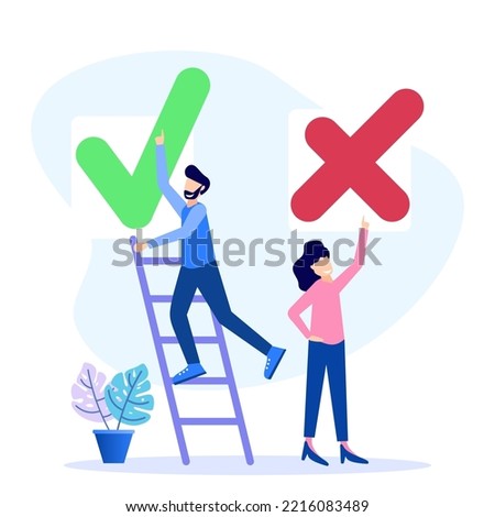 Choose a vector illustration. Concept selection process by office workers. Symbolic scenes with yes or no answers and decision making. Positive or negative persuasion and convincing visualization.