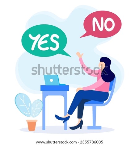 Choose a vector illustration. Concept selection process by office workers. Symbolic scenes with yes or no answers and decision making. Positive or negative persuasion and convincing visualization.