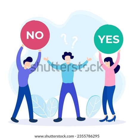 Choose a vector illustration. Concept selection process by office workers. Symbolic scenes with yes or no answers and decision making. Positive or negative persuasion and convincing visualization.