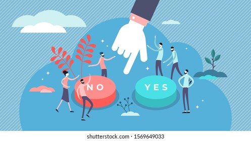 Choose vector illustration. Flat tiny options choice process persons concept. Symbolic scene with yes or no answers and decision making. Positive or negative persuasion and convince visualization.