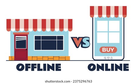 Choose VS online offline shop business store commerce market concept. Vector flat graphic design illustration