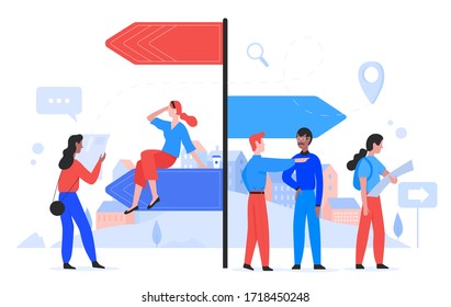 Choose way concept vector illustration. Cartoon flat people standing on crossroad next to signpost guide with arrows, making choice of path for future achievements, character choosing right pathway