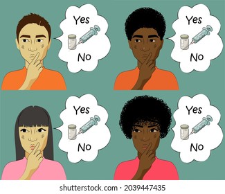 Choose whether to get vaccinated. Reflections yes or no at the expense of the vaccine. Vector illustration for web design, background and print.