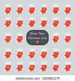 Choose your Christmas sock. Individual sock with a book name. Lovely vector illustrations or stickers on the New Year and Merry Christmas. Festive objects. Drawings for postcards, poster or background