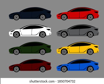 Choose your color. Modern electric cars in different color options. Vector image for illustrations.