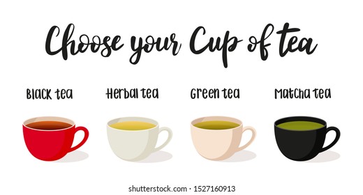 Choose your Cup of tea. Four colorful mugs with different types of tea: black, green, herbal, matcha tea. Postcard for the international tea day, December 15