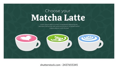 Elija su plantilla de diseño de café con leche. Varios té matcha. Ilustración vectorial de bebida japonesa de color verde, azul y rosa. Taza de diversas bebidas veganas naturales saludables. Fondo, cartel de arte