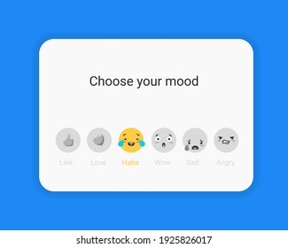 Choose your mood today. Face yellow crying with laughter and gray sad angry positive attitude for whole day poor evaluation vector events.