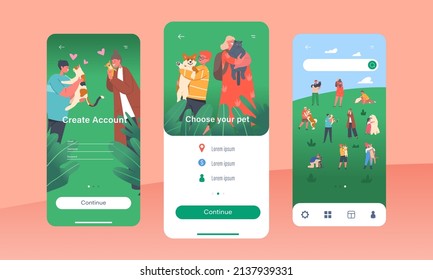 Choose your Pet Mobile App Page Onboard Screen Template. Children Hug Dogs and Cats, Girls and Boys Kids Characters Cuddle and Walking with Pets Concept. Cartoon People Vector Illustration