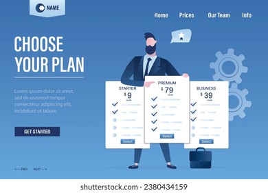 Choose your plan, landing page template. Price list set. Set of offer tariffs. Pricing table for business. Businessman recommend premium plan. Male agent with white cards. Flat vector illustration