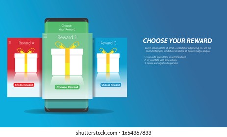 Choose Your Reward. Multiple Choice Gift In Mobile Phone Screen With Editable Customized Text Placement Minimalist Clean Modern Vector Illustration