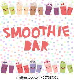 Choose your smoothies. card design blueberry raspberry strawberry kiwi apple blackberry cherry chocolate cranberries grapes smoothie cup with straw whipped cream. Isolated on white background. Vector