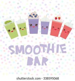 Choose your smoothies. card design Takeout kiwi strawberry raspberry blueberry smoothie transparent plastic cup with straw and whipped cream. Isolated on white background. Vector