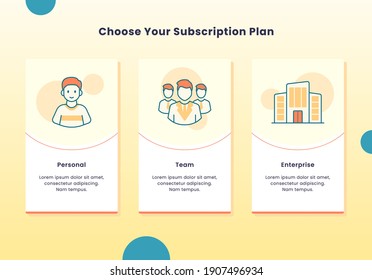 choose your subscription plan personal team enterprise icon set collection campaign for web website home homepage landingpage banner template flyer with outline style