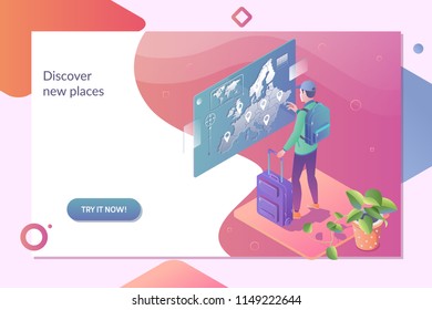 Choose your traveling tour and destination. Tourist standing near tour panels and choosing traveling.Travel and Tourism. Concept website template.