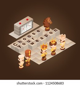 Choose Your Weapon. Isometric cartoon chess pieces King, Queen, Bishop, Rook, Pawn, Knife.  Cute chessman, control clock on brown background. Vector flat illustration.