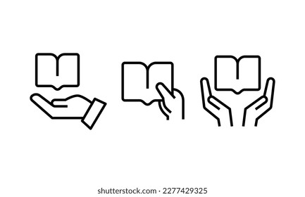 chooses open book line icon. E-book, online library Hands hold book. Reading and hobbies. Self-education and study. Sheets with paper pages. giving the book icon vector symbol logo editable stroke